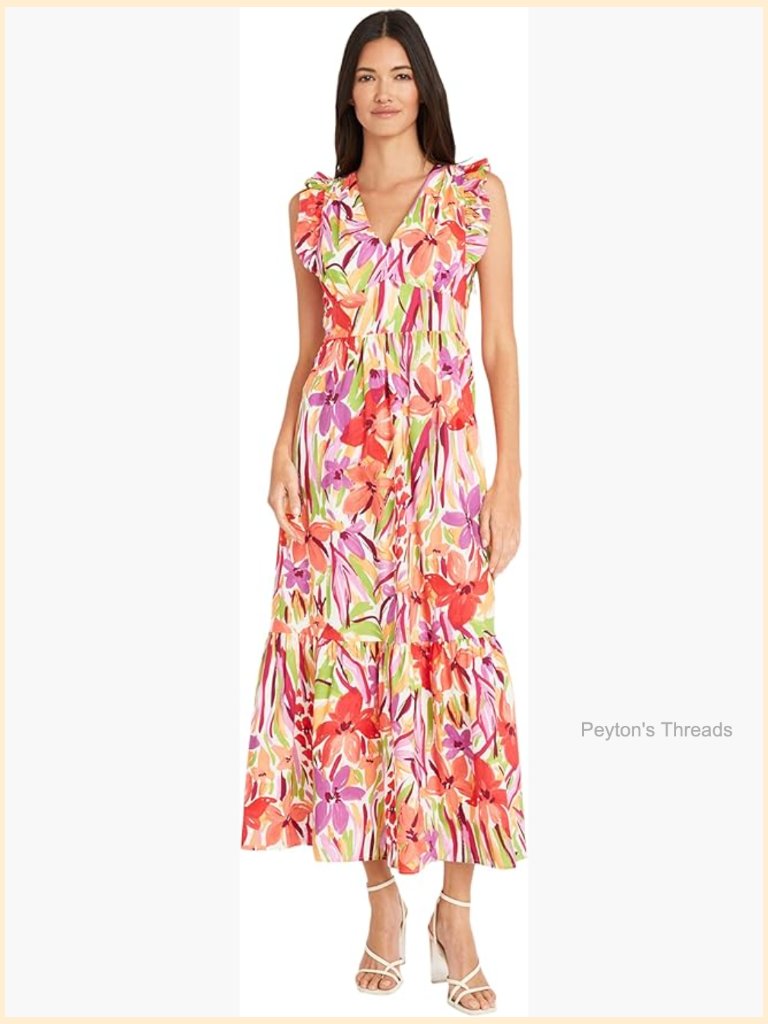 V-Neck Ruffle Maxi Dress With Pockets Sleeveless Ankle Length Cotton Spandex